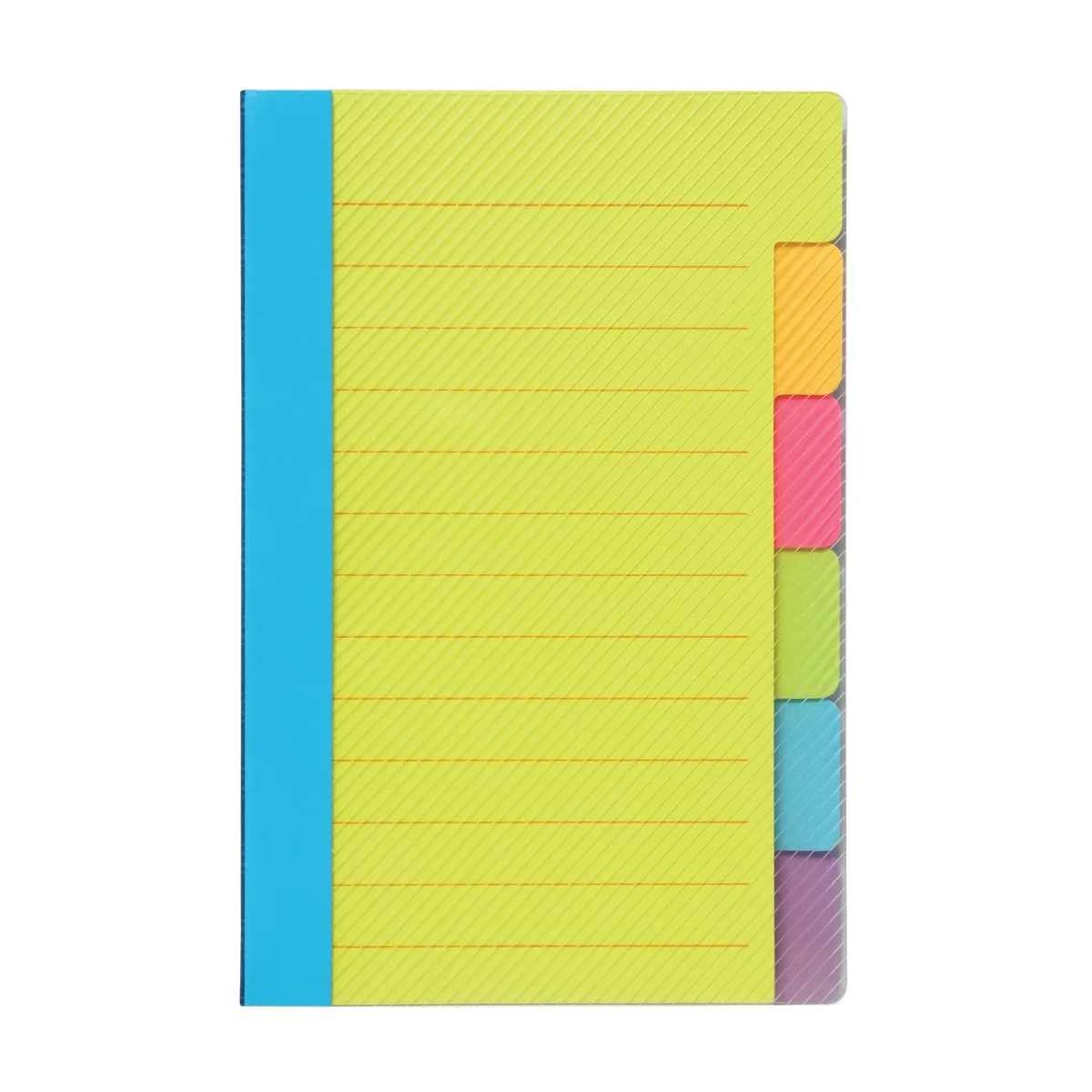 A tabbed sticky-note pad with neon dividers and a clear cover