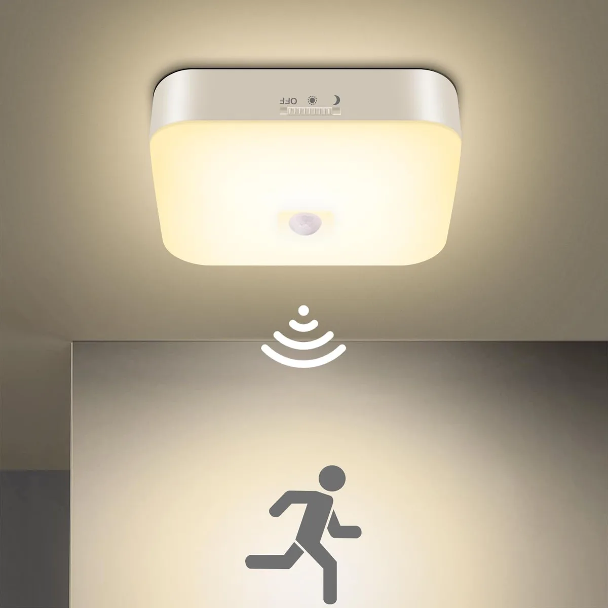 White square ceiling light with clear prismatic diffuser, 6.4 inches wide and 1.9 inches deep