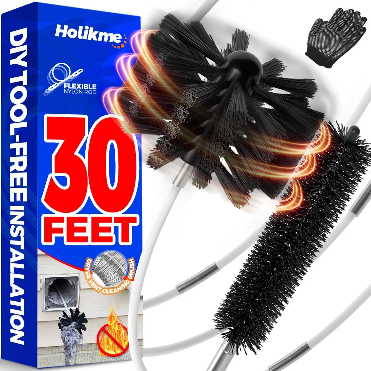 Holikme 30 foot dryer vent cleaning kit with flexible rods and synthetic brush heads