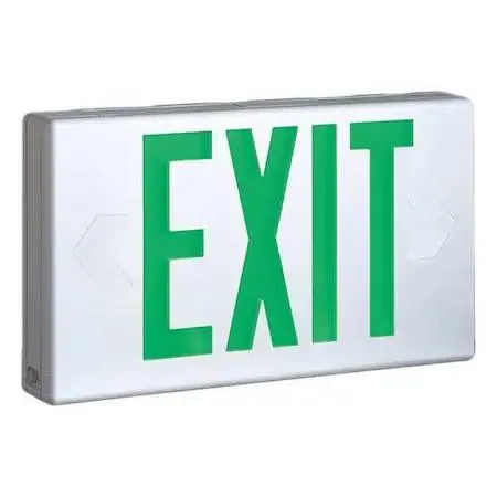 White plastic LED exit sign with red letters and battery backup