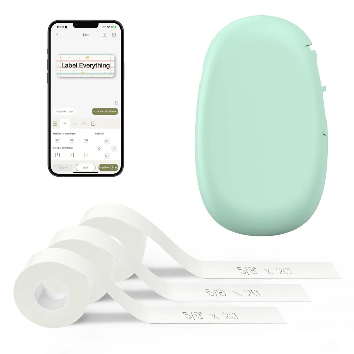 Compact green label printer with three tape rolls, Bluetooth connected, inkless thermal printing