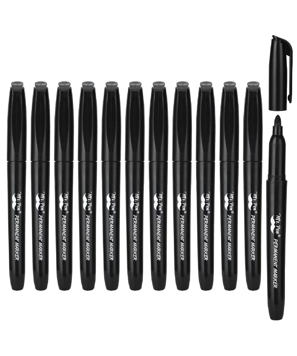 Twelve black fine-tip permanent markers in a pack