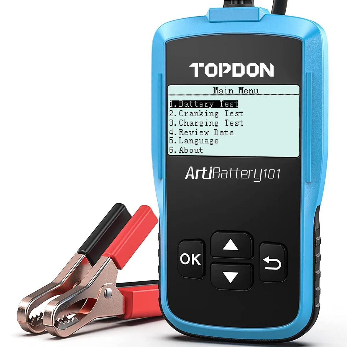 Handheld 12V battery tester with backlit screen and clamps