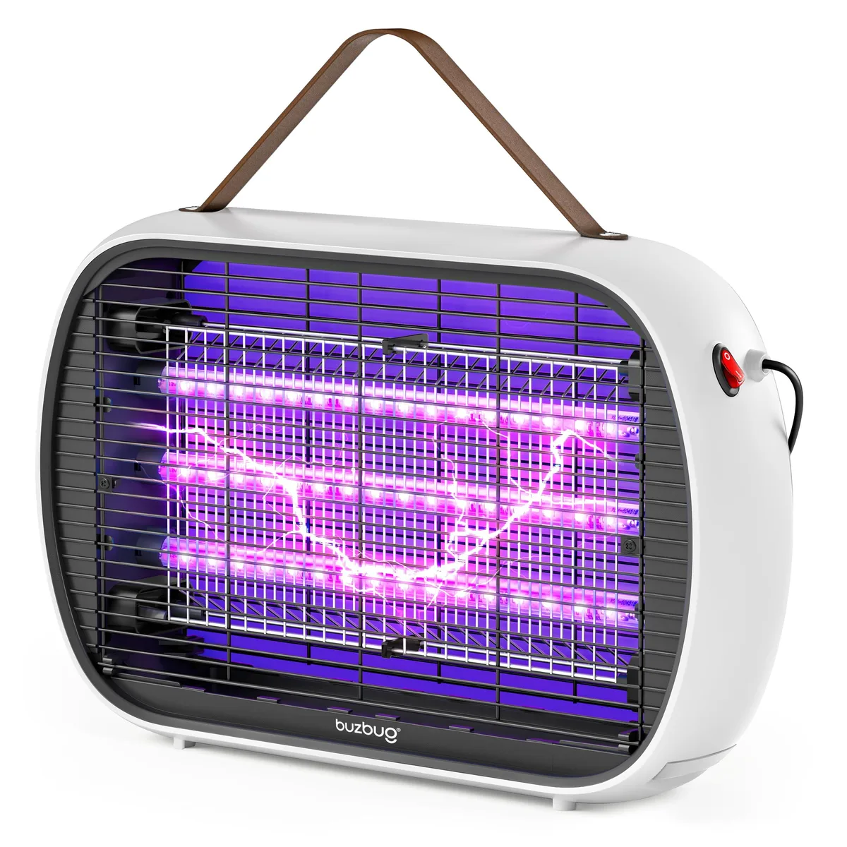White rectangular indoor bug zapper with three LED lamps and protective grid