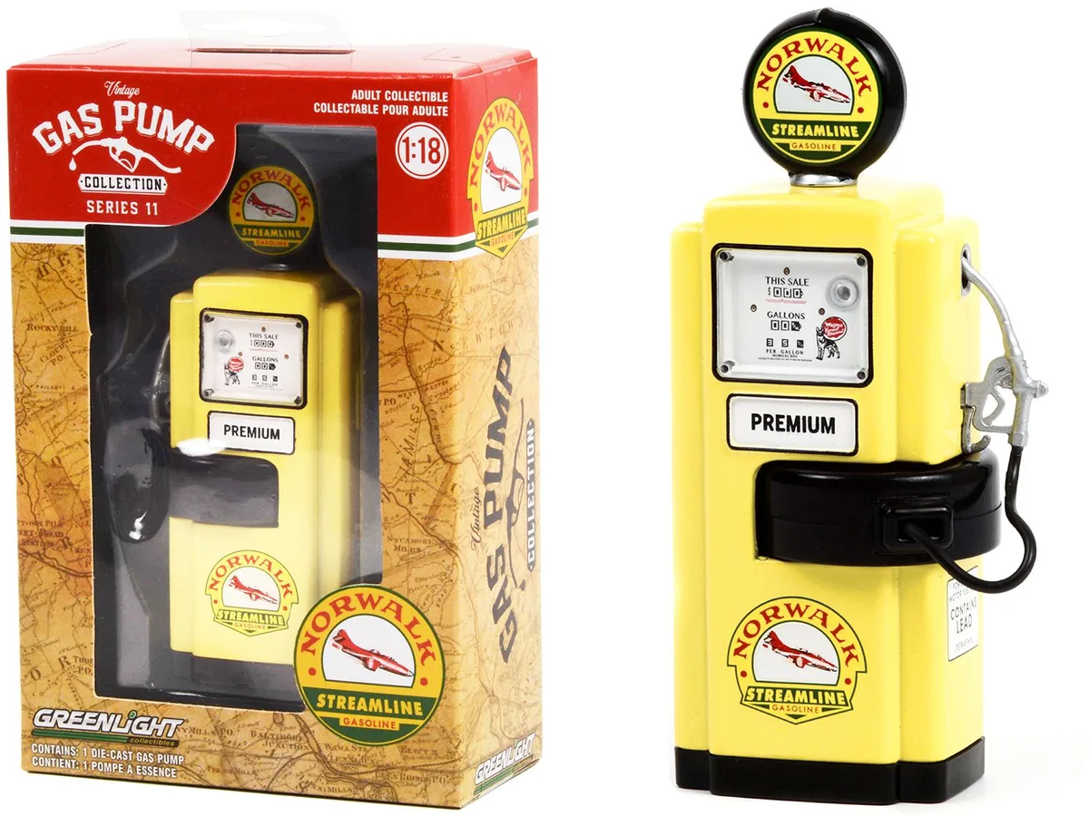 GREENLIGHT GREENLIGHT 1948 Wayne 100-A Gas Pump Norwalk Gasoline Yellow Black Series 11 1/18 Diecast hobby collectible — product photo