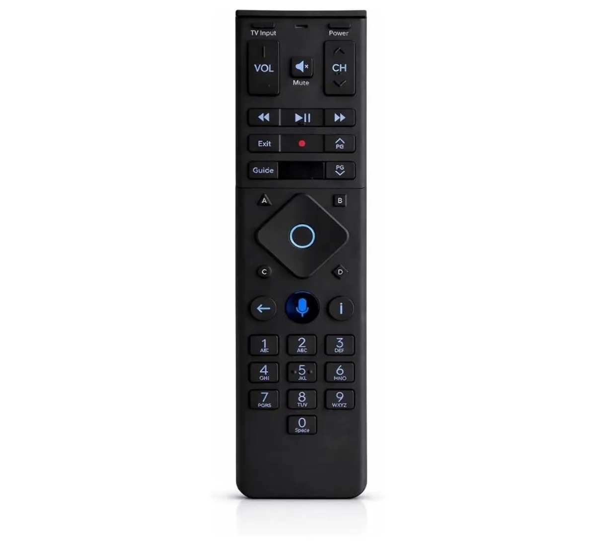 Black rectangular voice remote with backlit buttons and textured grip