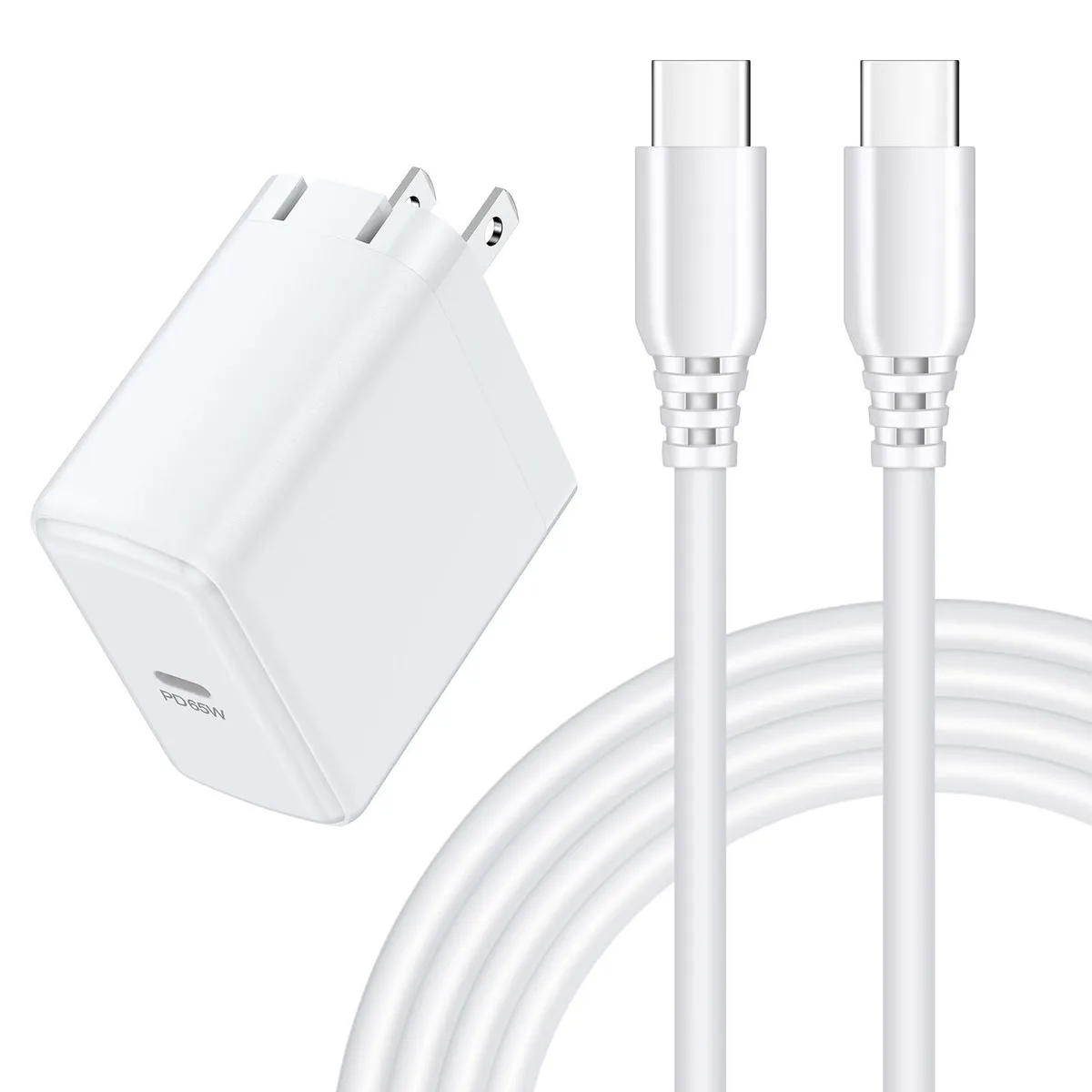 White rectangular GaN charger with foldable prongs and coiled six-foot USB-C cable
