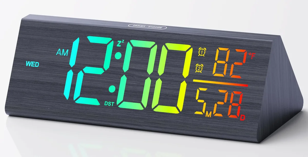 Rectangular black solid wood digital clock with large central display