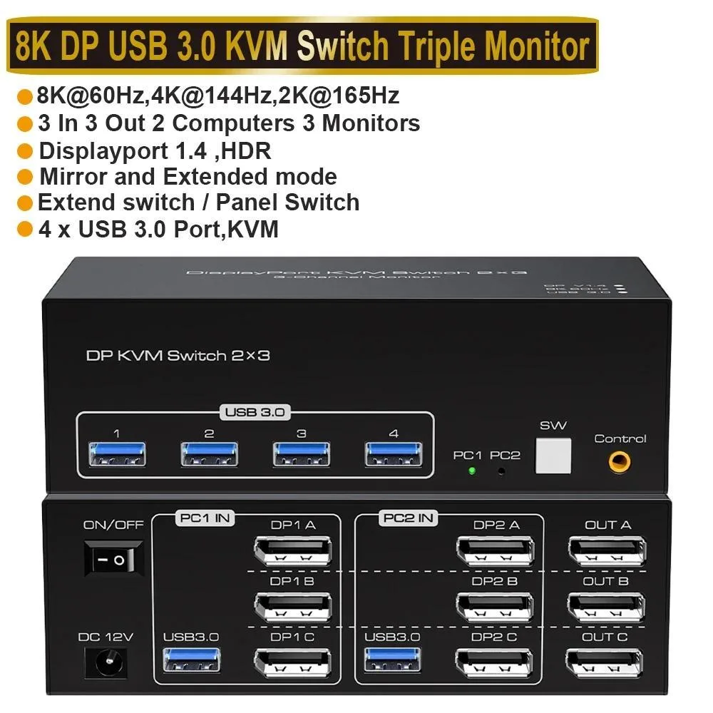 ESTONE ESTONE SW233-3DP KVM Switch 3 Monitors 2 Computers 8K@60Hz — product photo