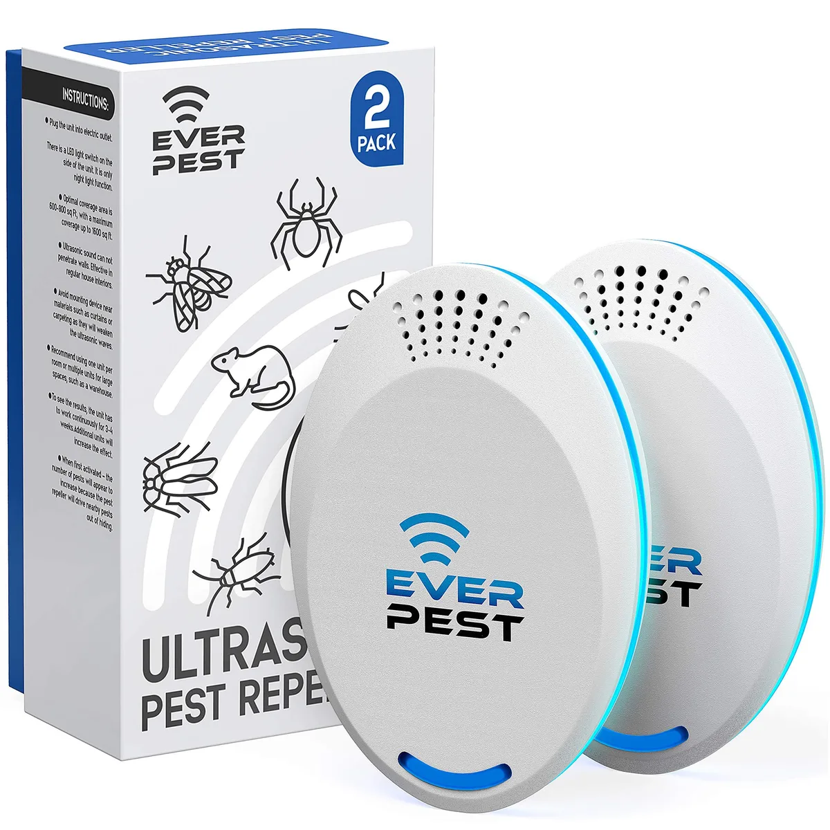 Two white rectangular plug-in pest repellers with front grilles