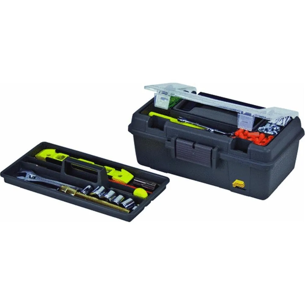 Graphite gray 13-inch plastic tool box with black handle, latches, clear lid, lift-out tray and fixed compartments