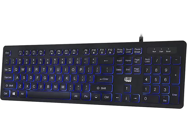 Adesso Adesso AKB-139EB 104-key USB wired keyboard with blue LED backlight and large print — product photo