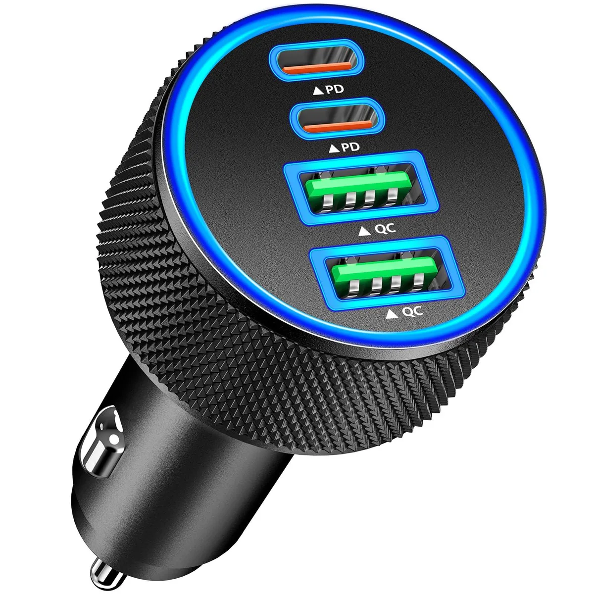 Black car charger with two USB-C and two USB-A ports
