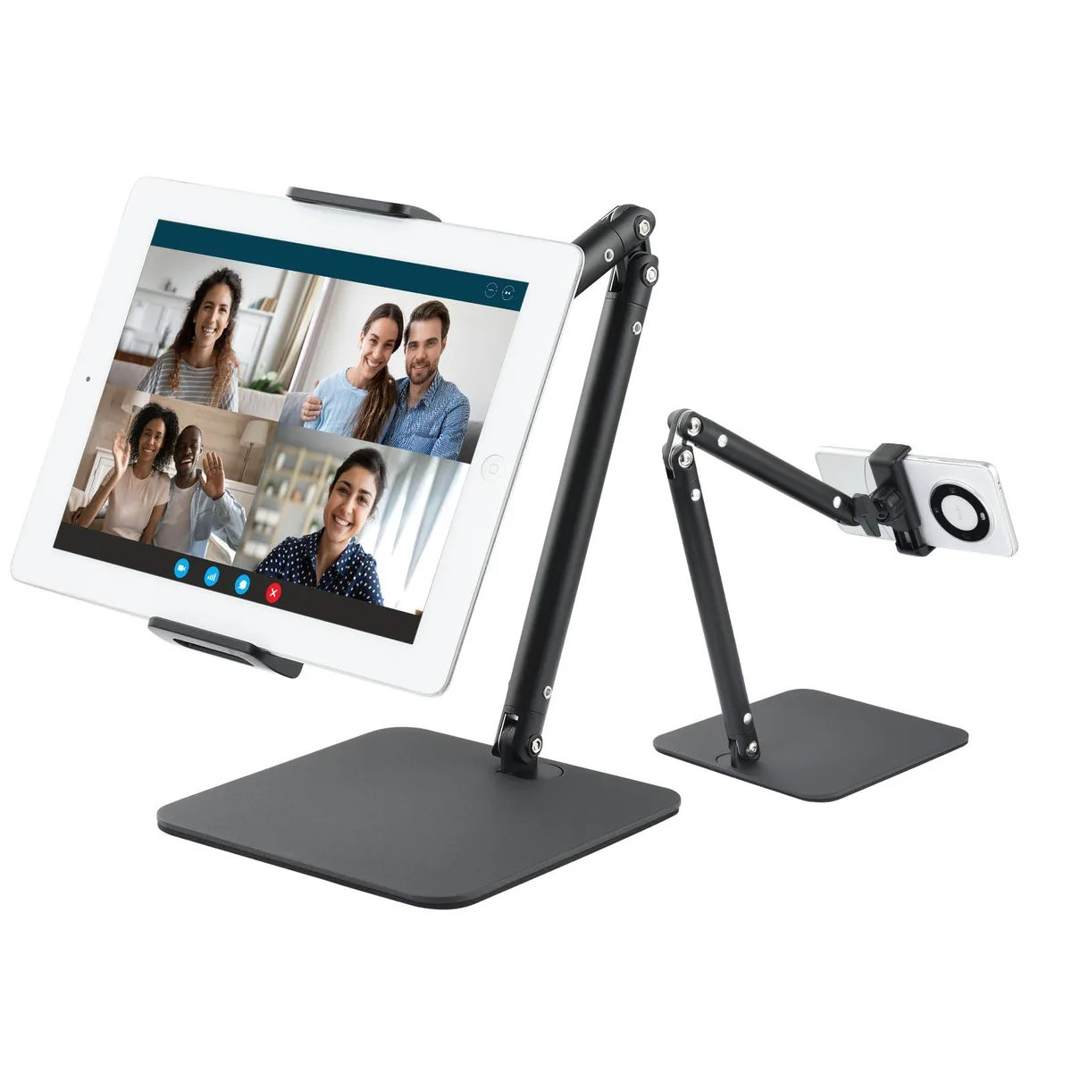 Black desk tablet stand with adjustable arm and rotating joints