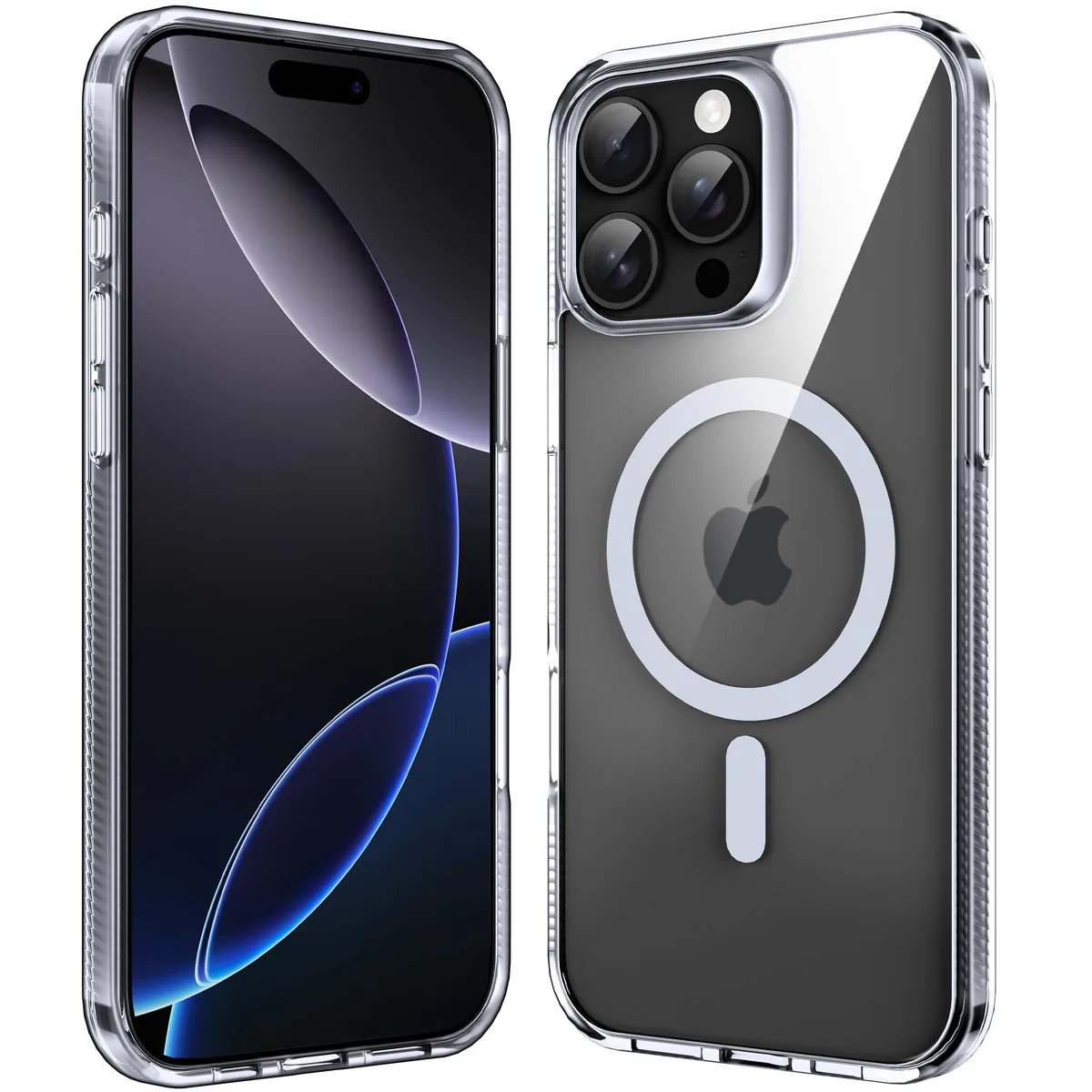 Transparent magnetic phone case with clear back and dark bumper for iPhone 16 Pro