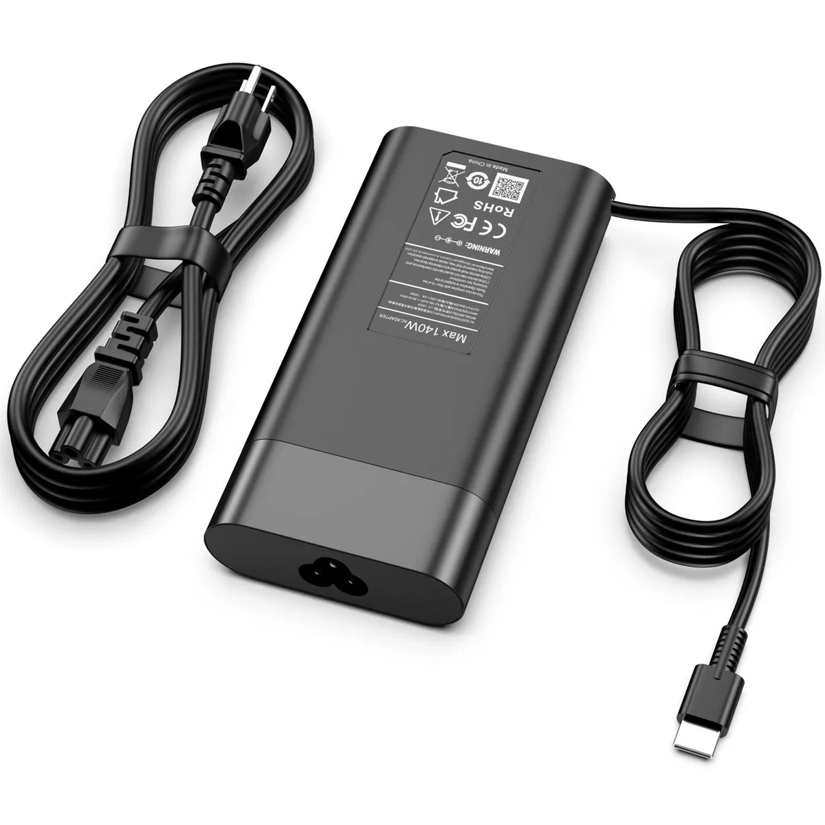 Compact black rectangular USB-C power adapter with detachable AC cord