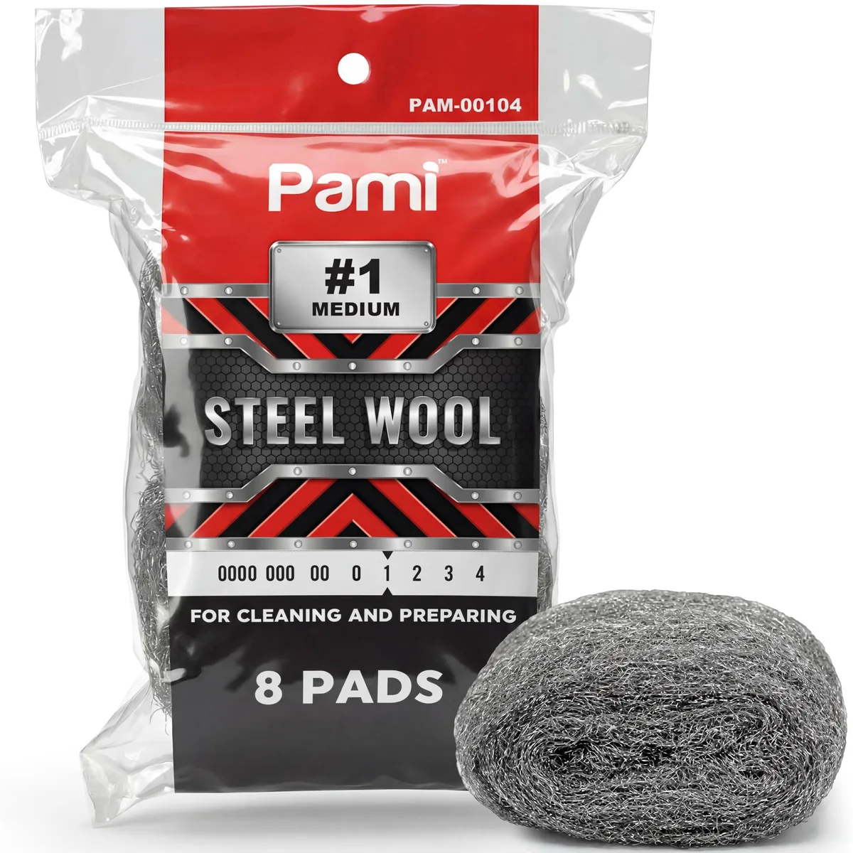 Eight medium coarse steel wool pads in a pack