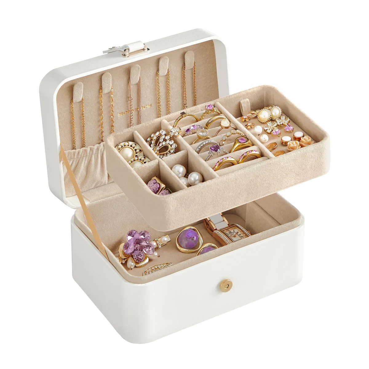 Cloud White two-layer jewelry case with shiny metal hardware and velvet lining