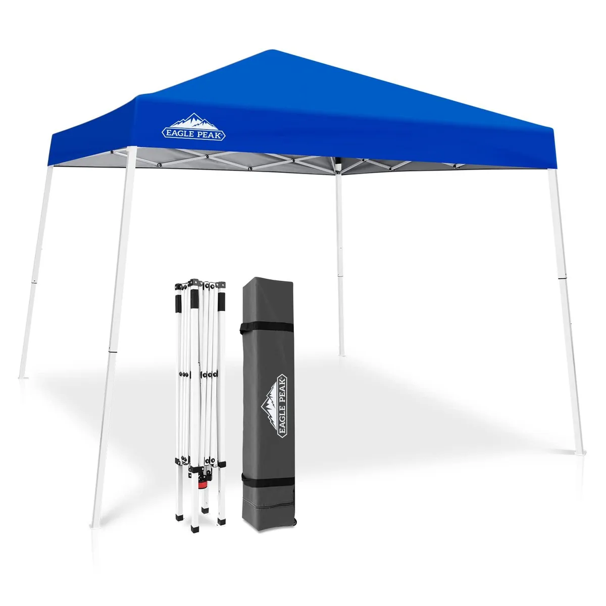 Blue pop-up canopy tent with slanted powder-coated steel legs and wheeled carry bag