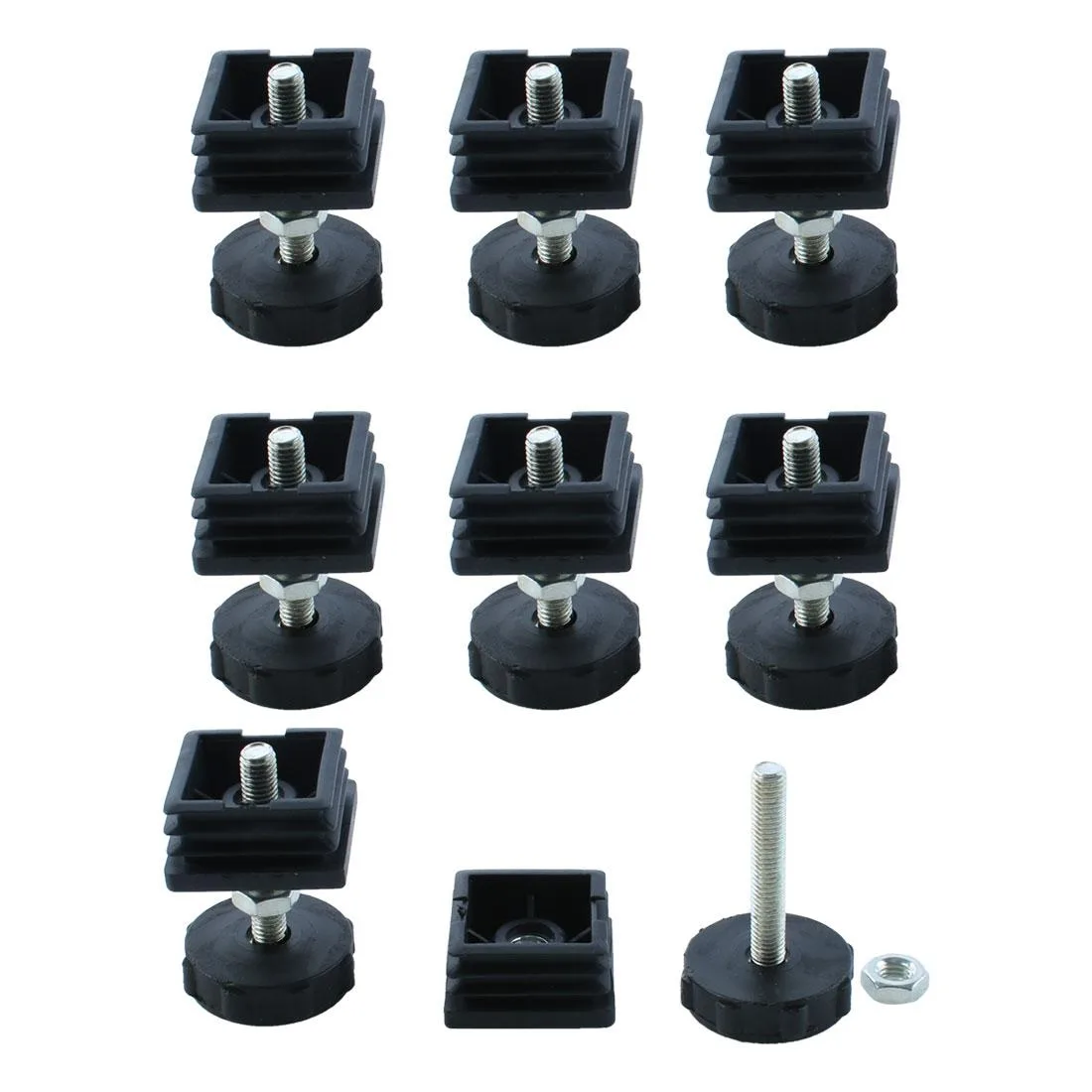 Eight sets of 40 mm square tube leveling feet with adjustable screws and plastic bases