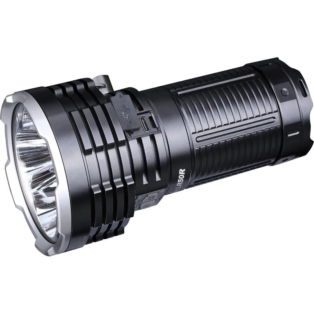 Large cylindrical flashlight with anodized aluminium body and dual stainless-steel switches