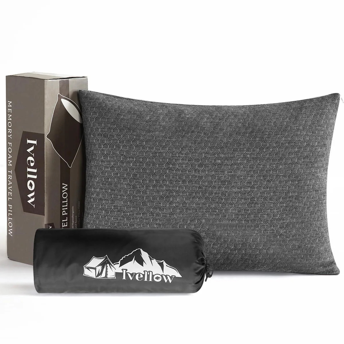 Grey rectangular travel pillow in soft fabric, compact size