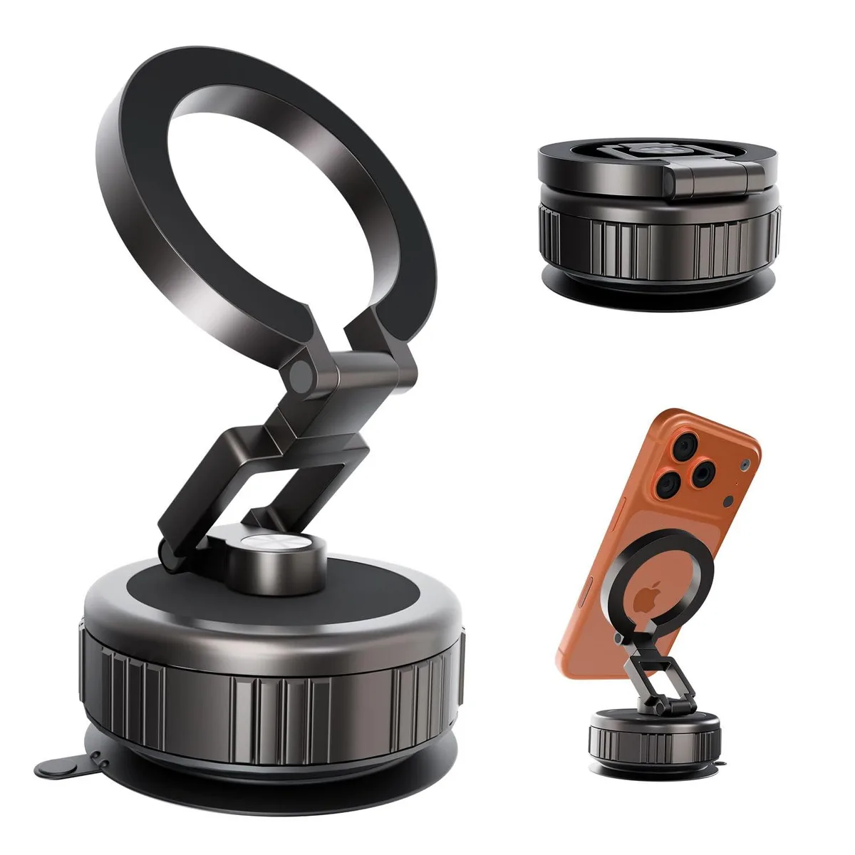 Black vacuum magnetic phone mount with foldable ring stand and twist-lock base