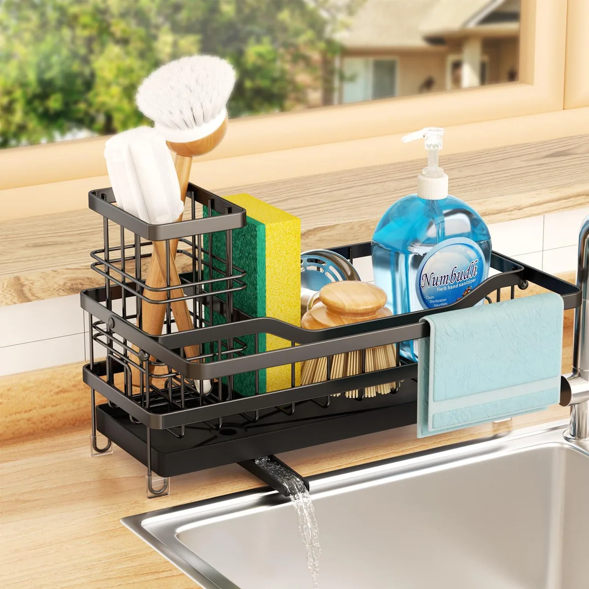 Black metal sink organizer with towel rack, brush holder and draining tray