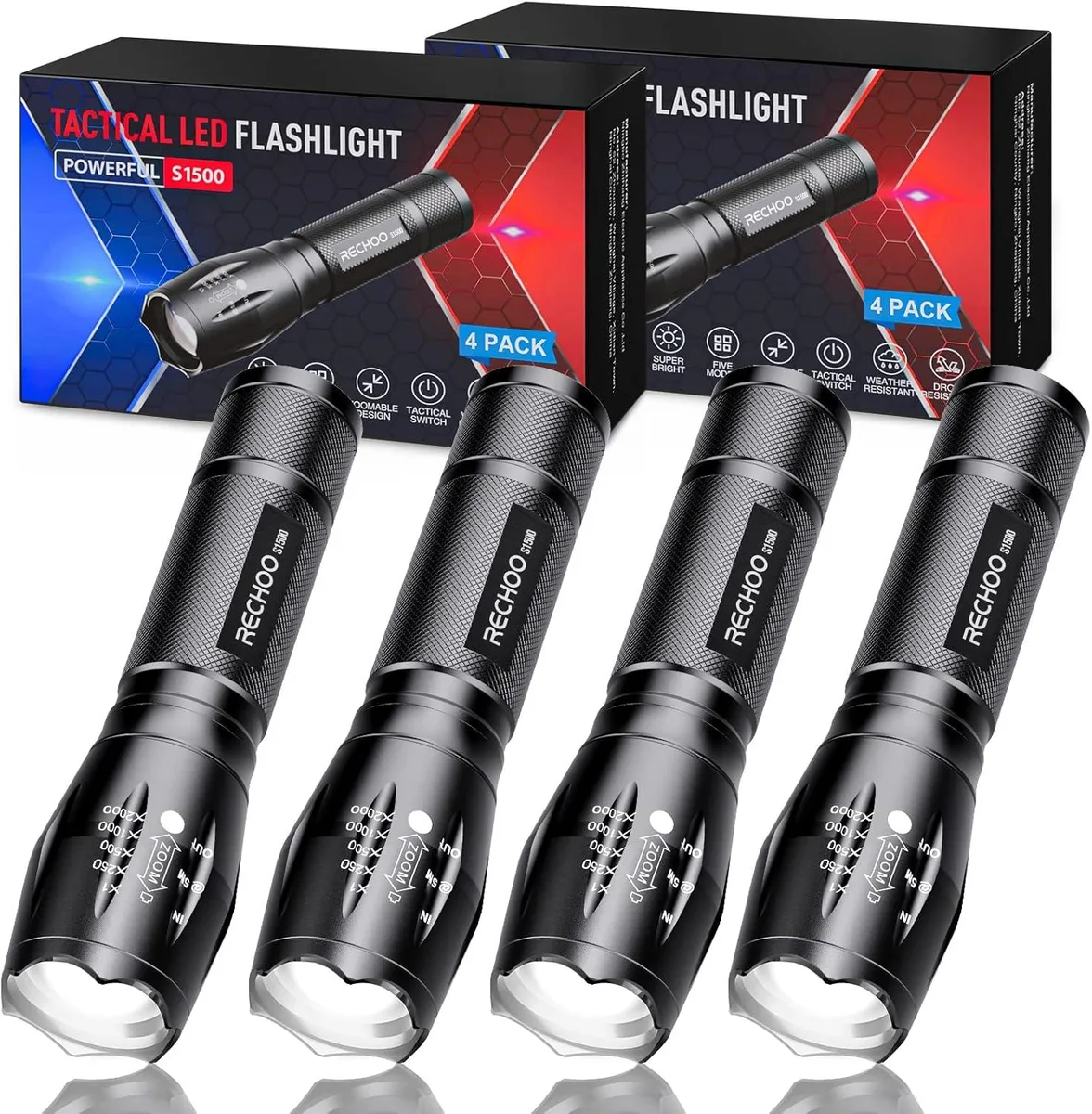 Four compact aluminium flashlights with zoomable heads and wrist straps
