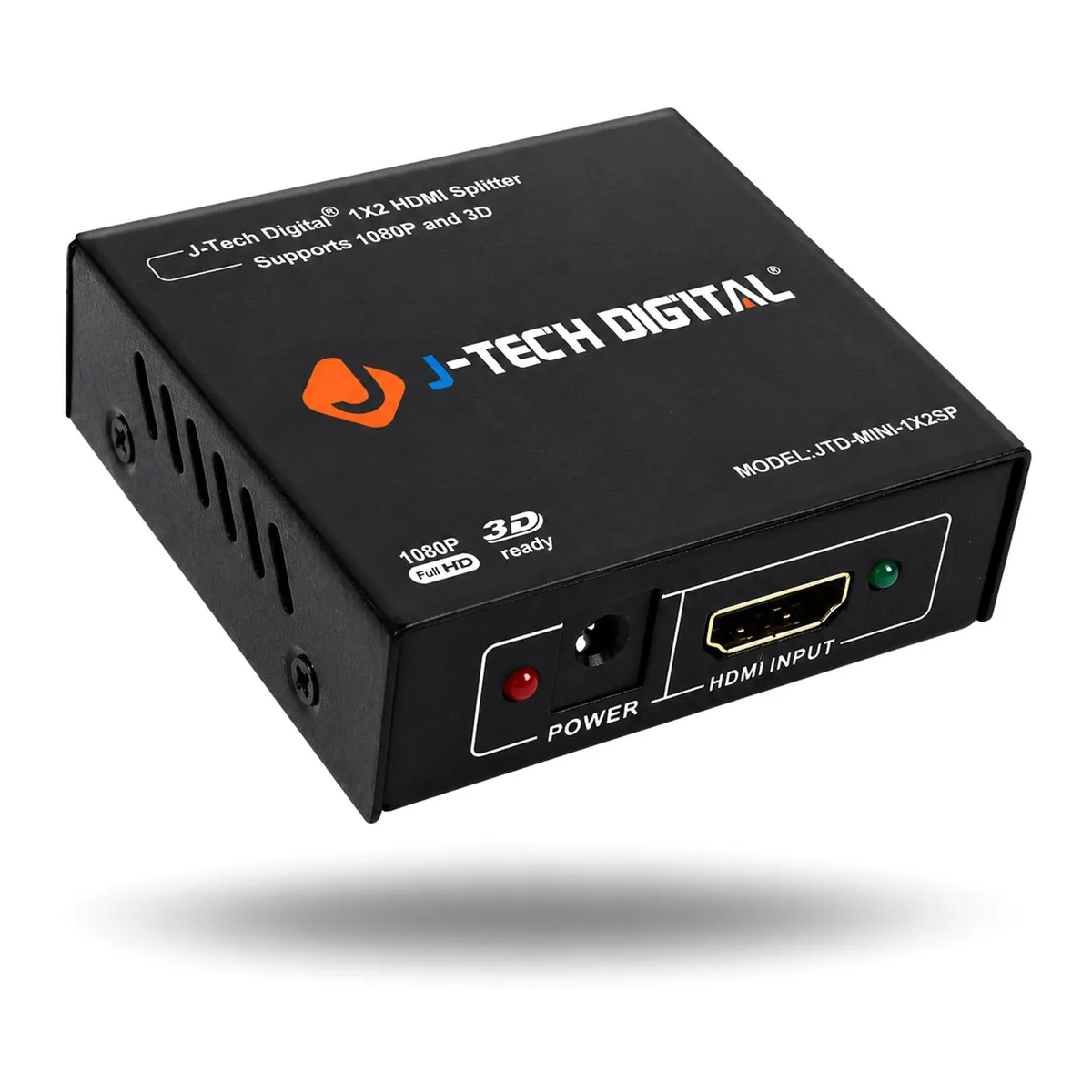Small black HDMI splitter box with one input and two outputs