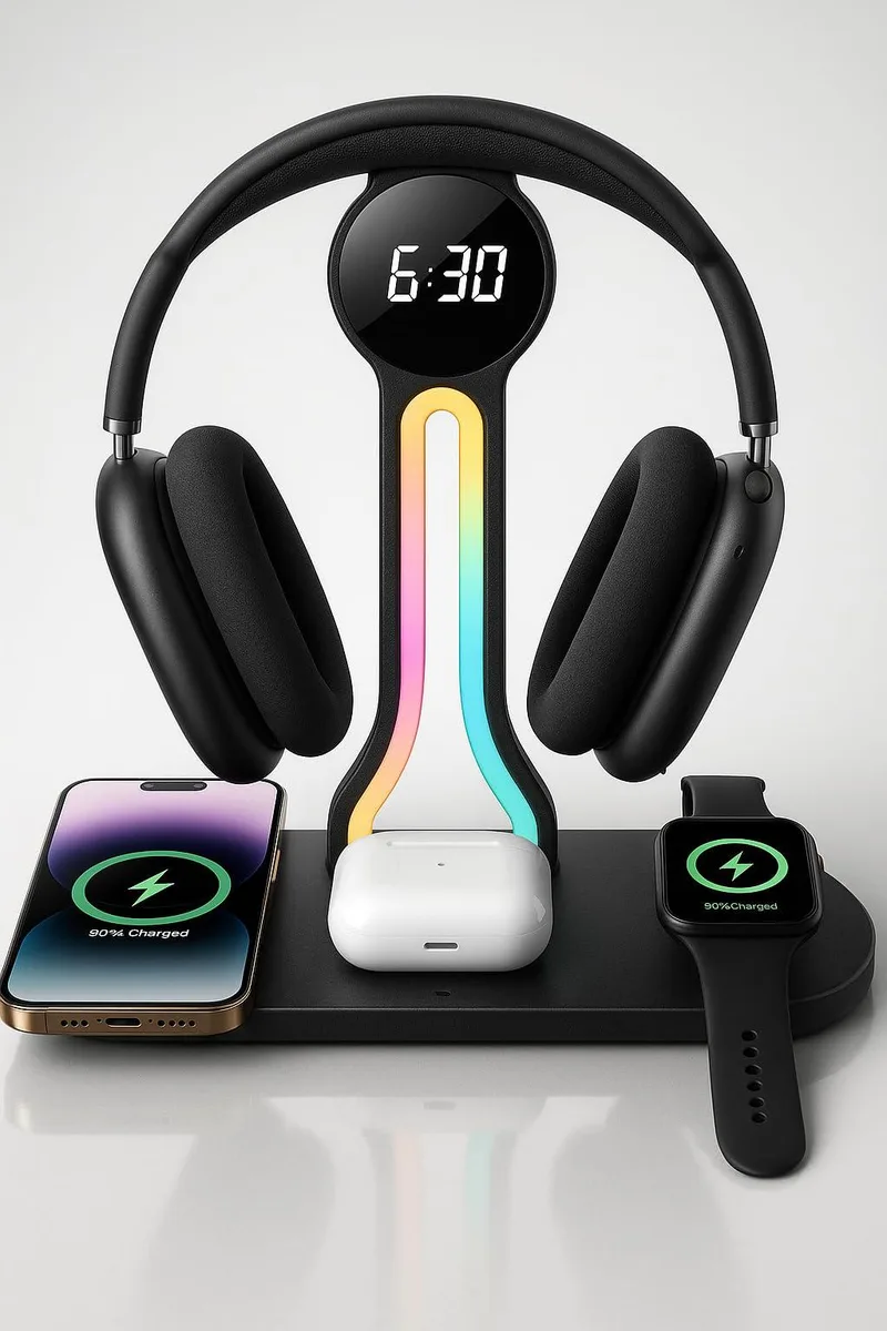 Black wireless charging clock with headphone stand, RGB light, dual USB ports, LED display, aluminium finish