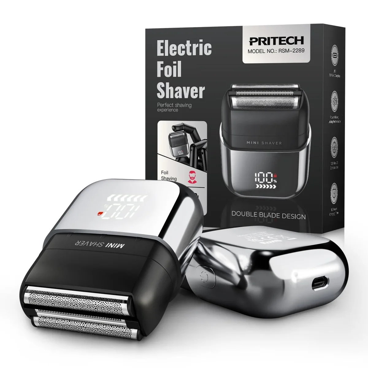Black foil shaver with three floating blades, compact rectangular body, magnetic cap, LED display, USB-C port