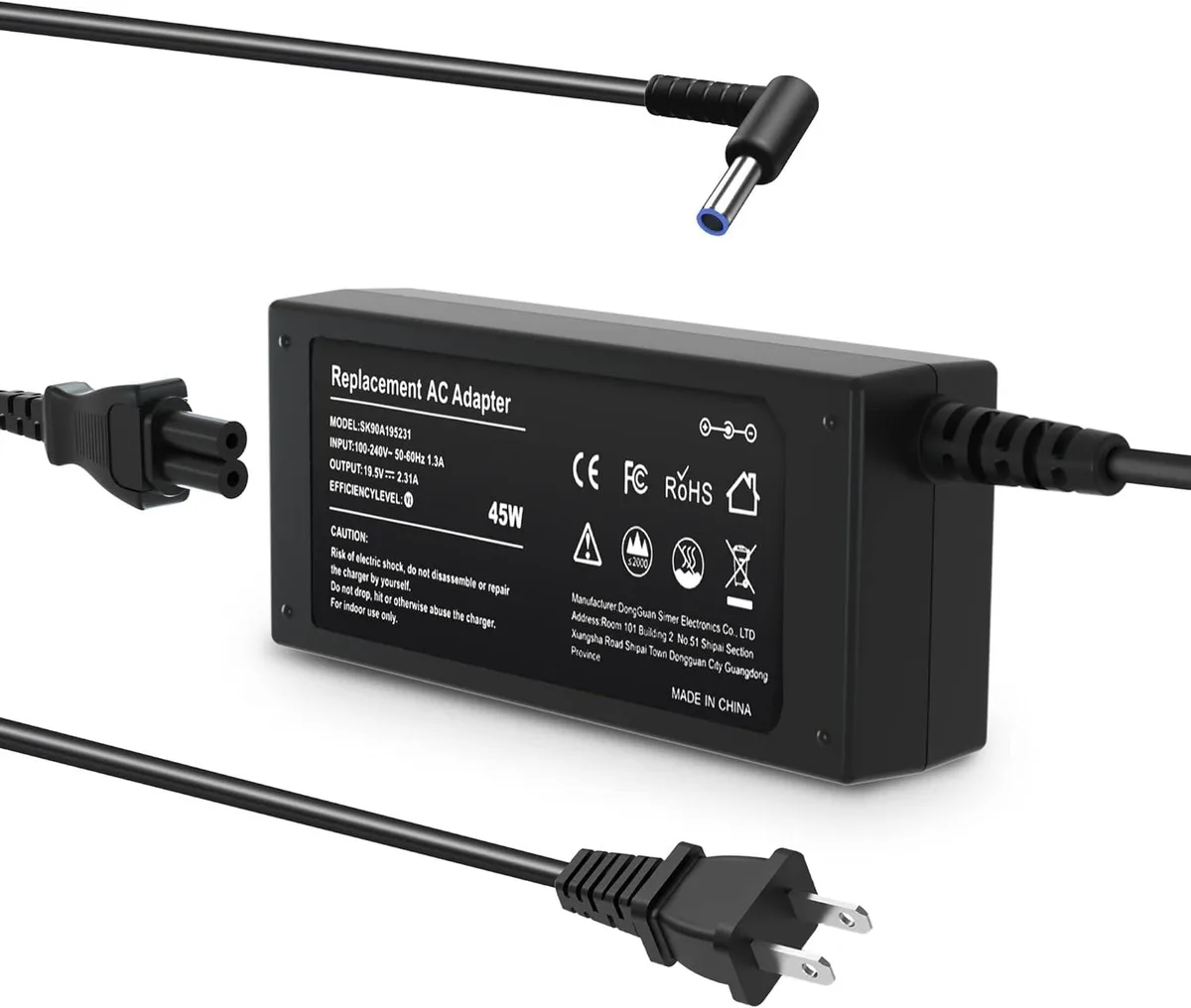 Compact black AC adapter with blue-tip 4.5×3.0mm connector and detachable power cord