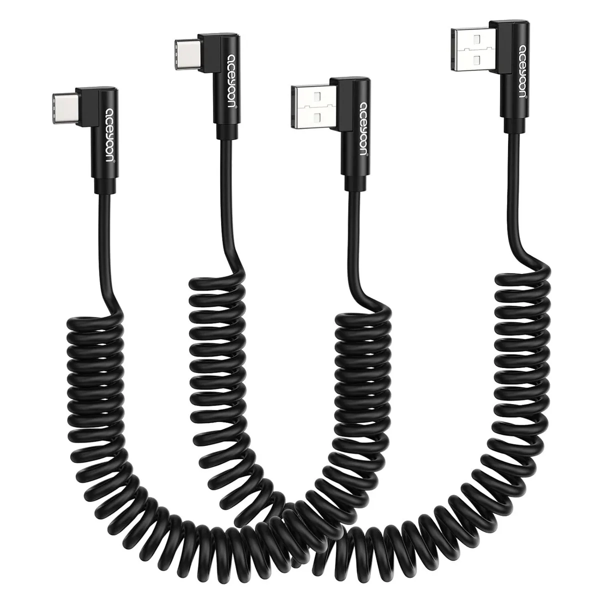 Two coiled USB-C cables with 90-degree connectors, 2.5ft and 4ft lengths