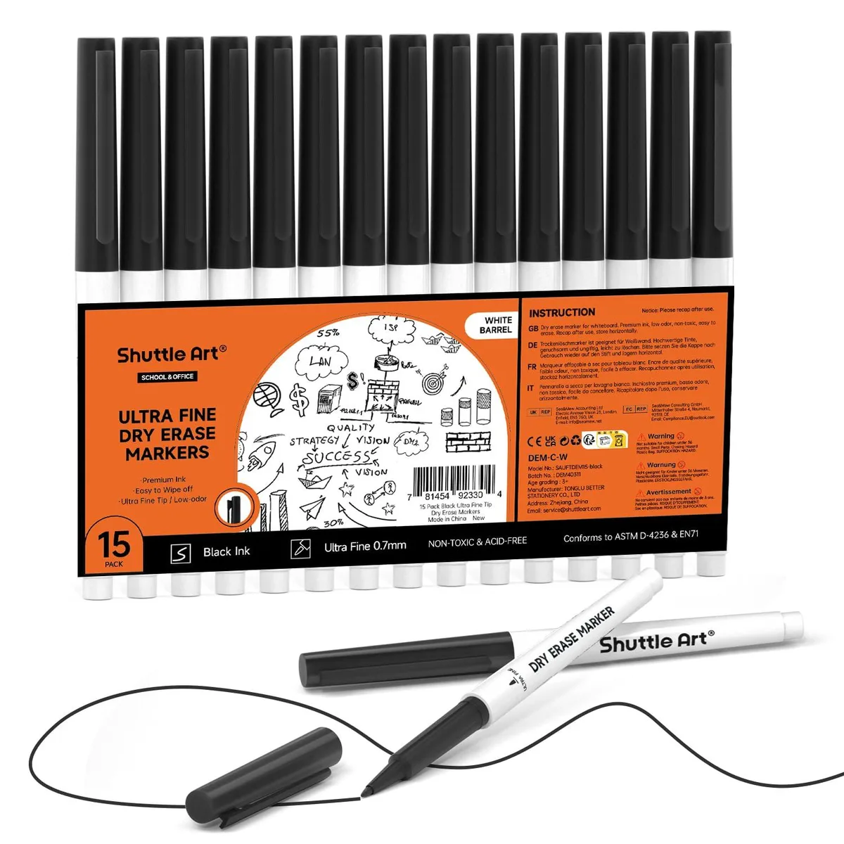  Shuttle Art Ultra Fine Dry Erase Markers 15 Pack Black — product photo