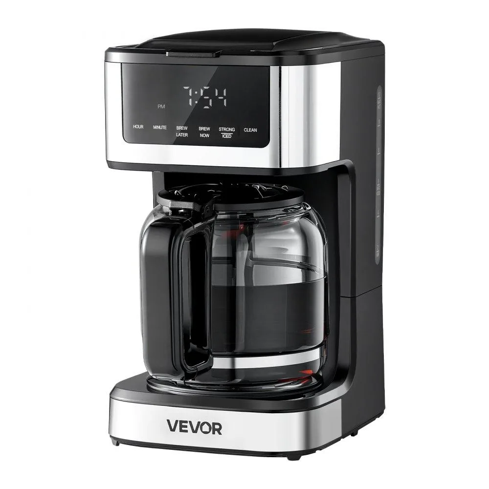 Black programmable drip coffee maker with touch screen LCD, glass carafe, 12-cup capacity