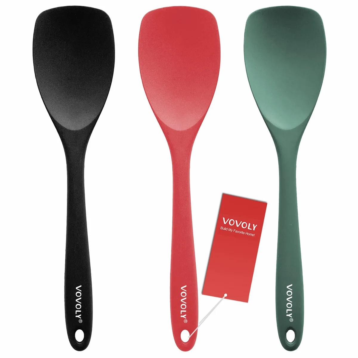 Three silicone spoon spatulas in assorted colours, 11.2 inches long with oval bowls and seamless finish