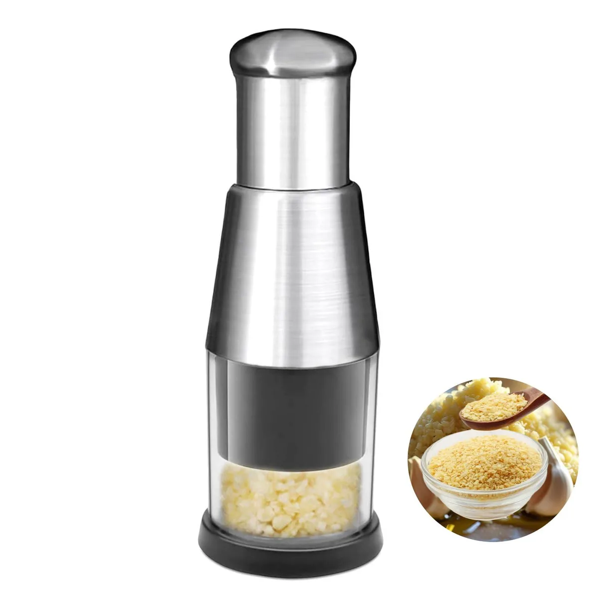 Compact cylindrical manual food chopper with stainless steel body and black protective sleeve