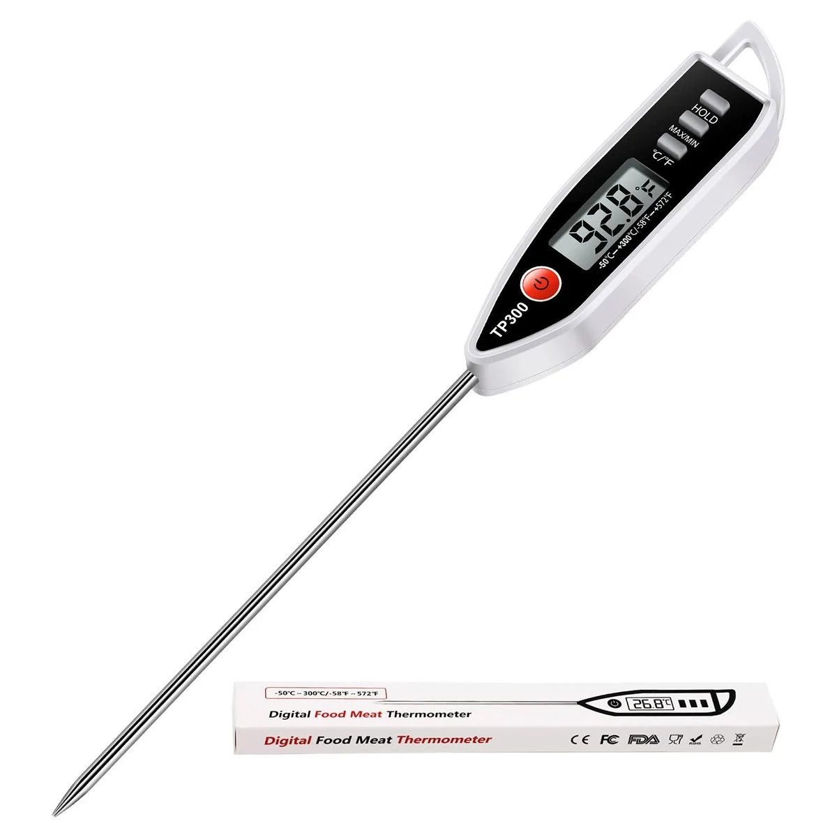 Silver digital thermometer with 5.0 inch stainless steel probe and LCD display