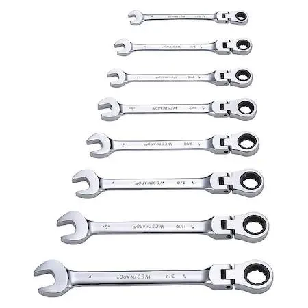 Eight chrome flexible ratcheting wrenches in pouch