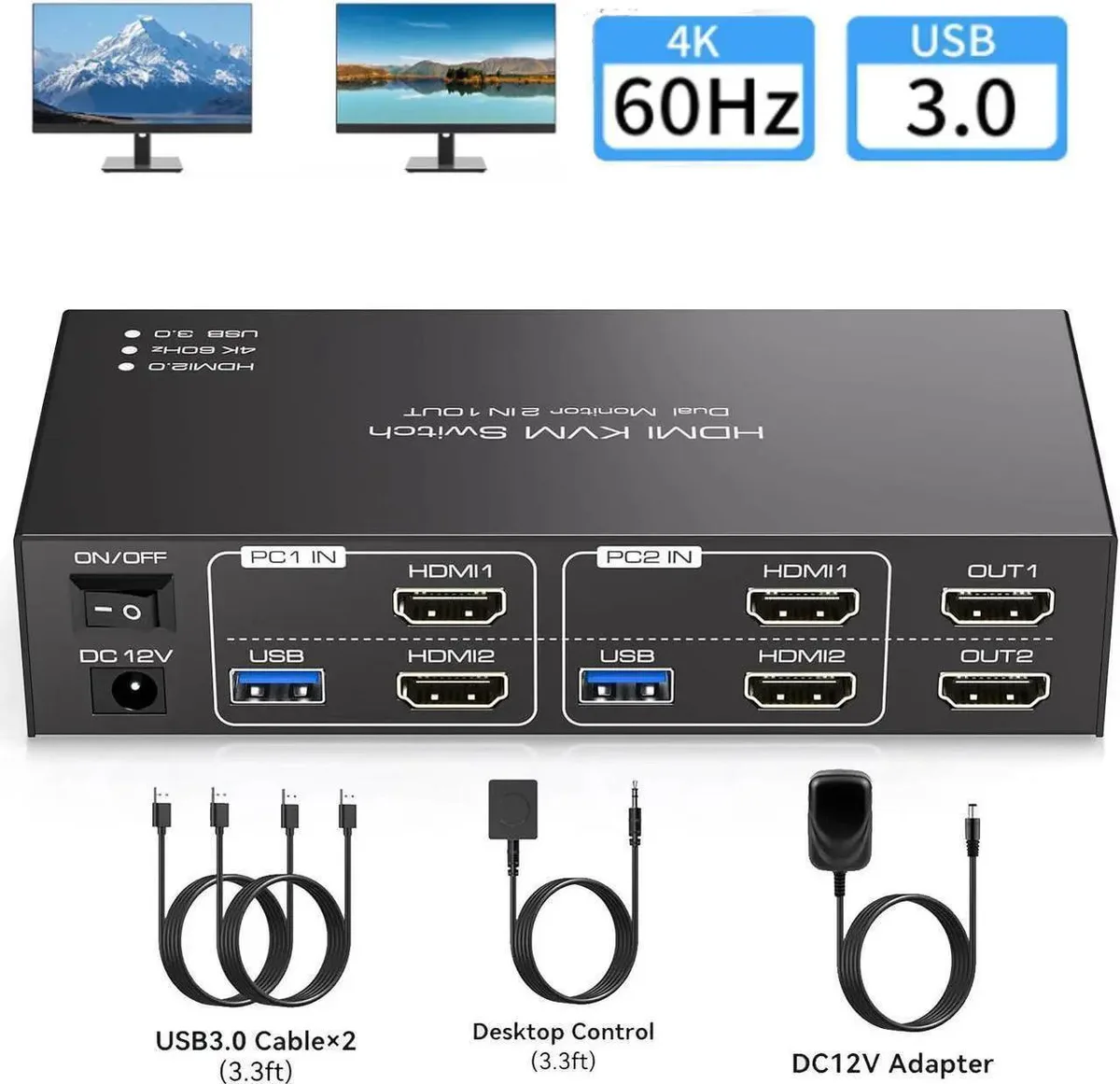 Vszerda Vszerda Dual Monitor HDMI KVM Switch 2 Port 4K@60Hz USB 3.0 4 USB Ports — product photo