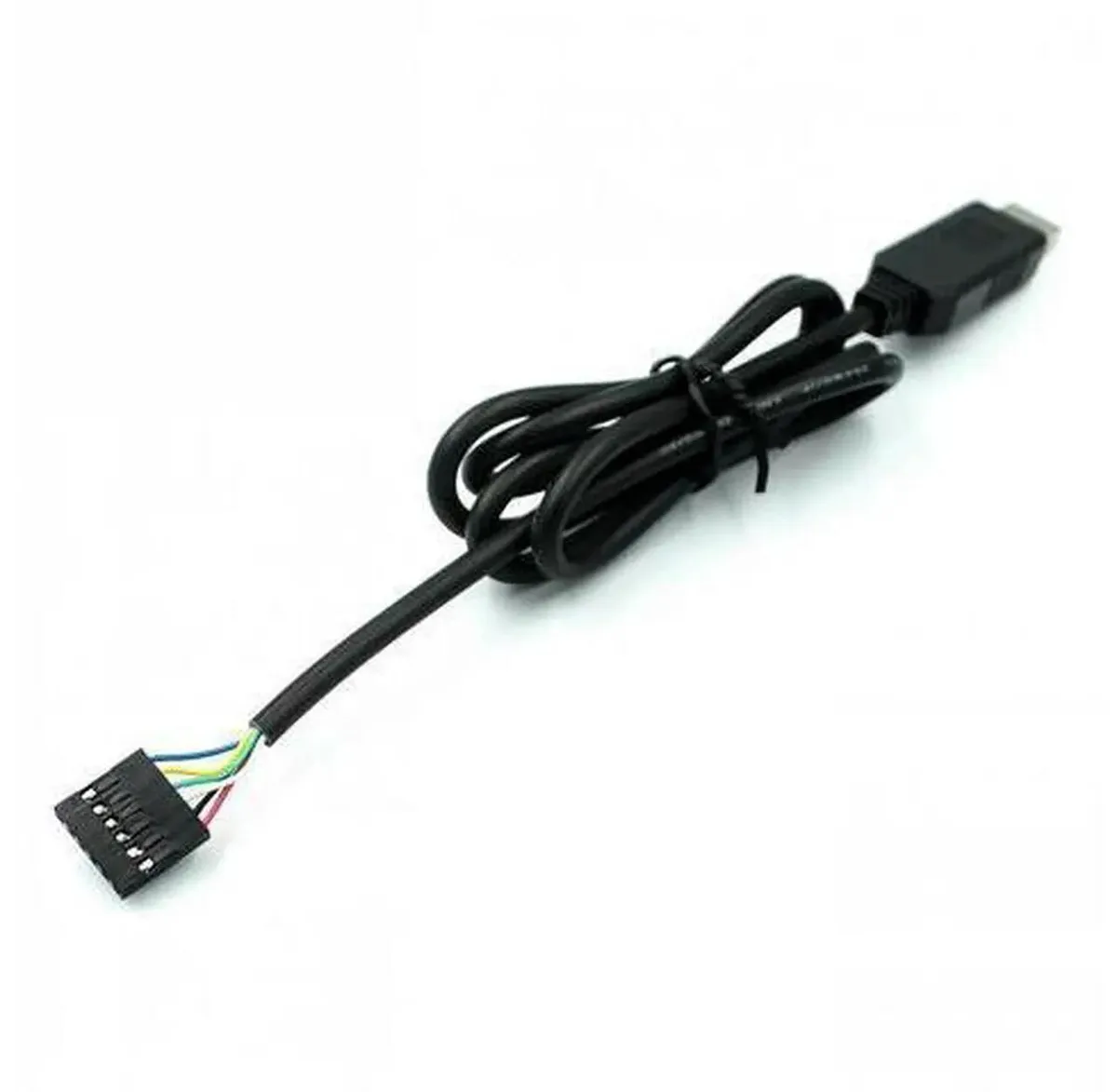 Small green circuit board with USB-A plug and six-pin header, black FT232BL chip visible