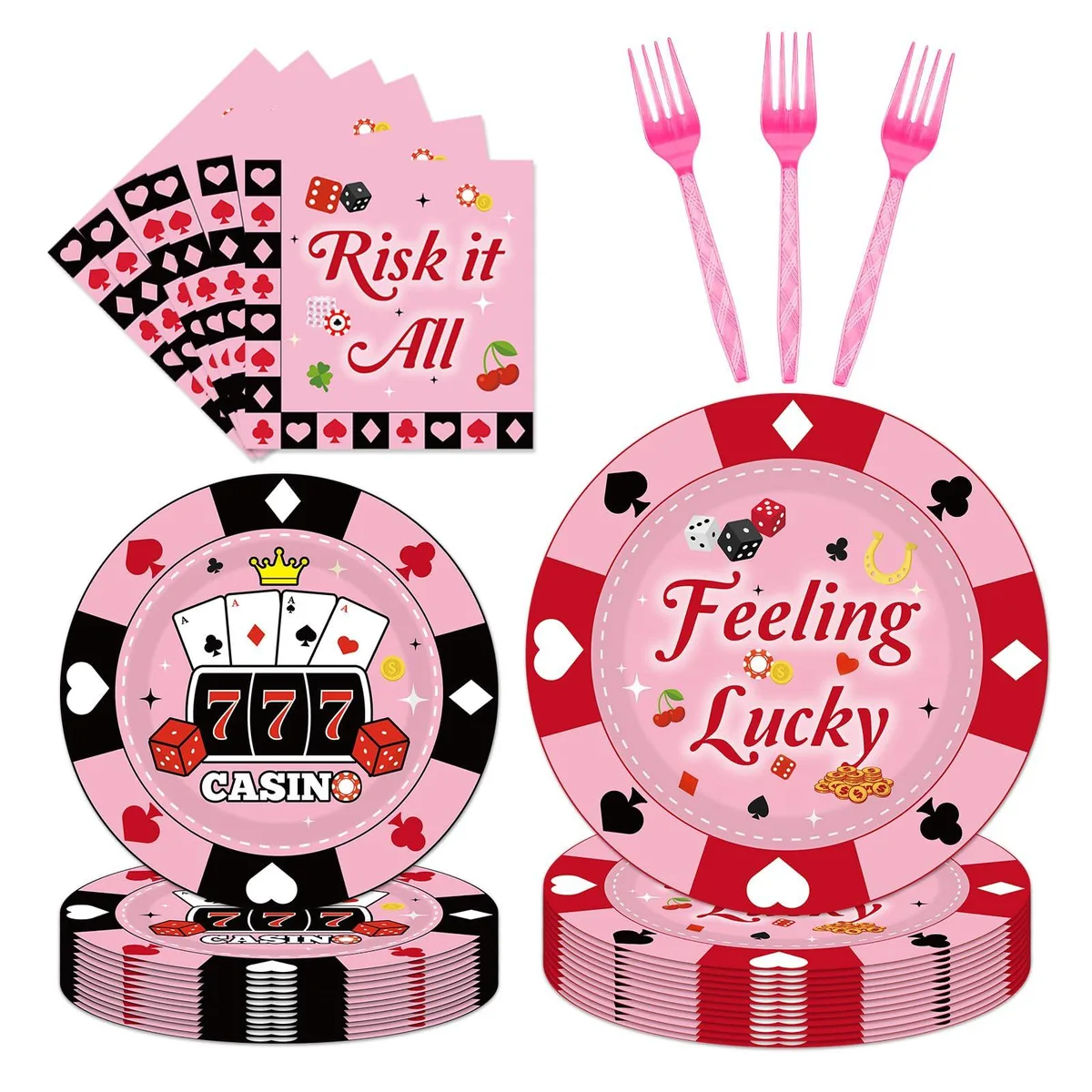 Disposable paper casino-themed tableware set for 24 guests