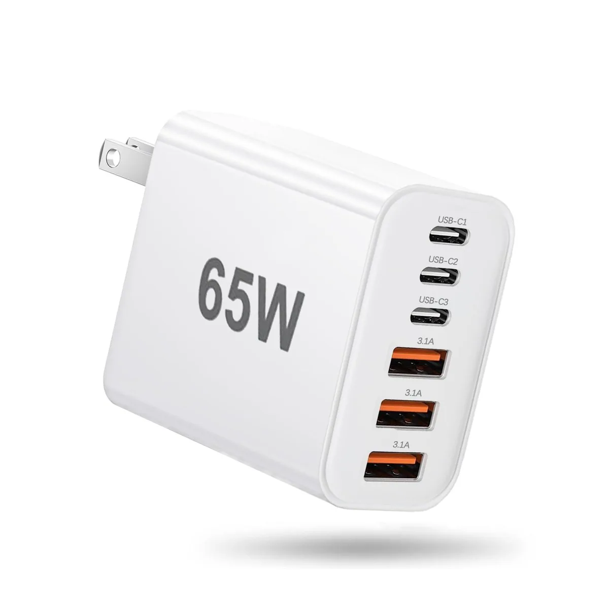 Compact white wall charger with six USB ports, three Type C and three Type A