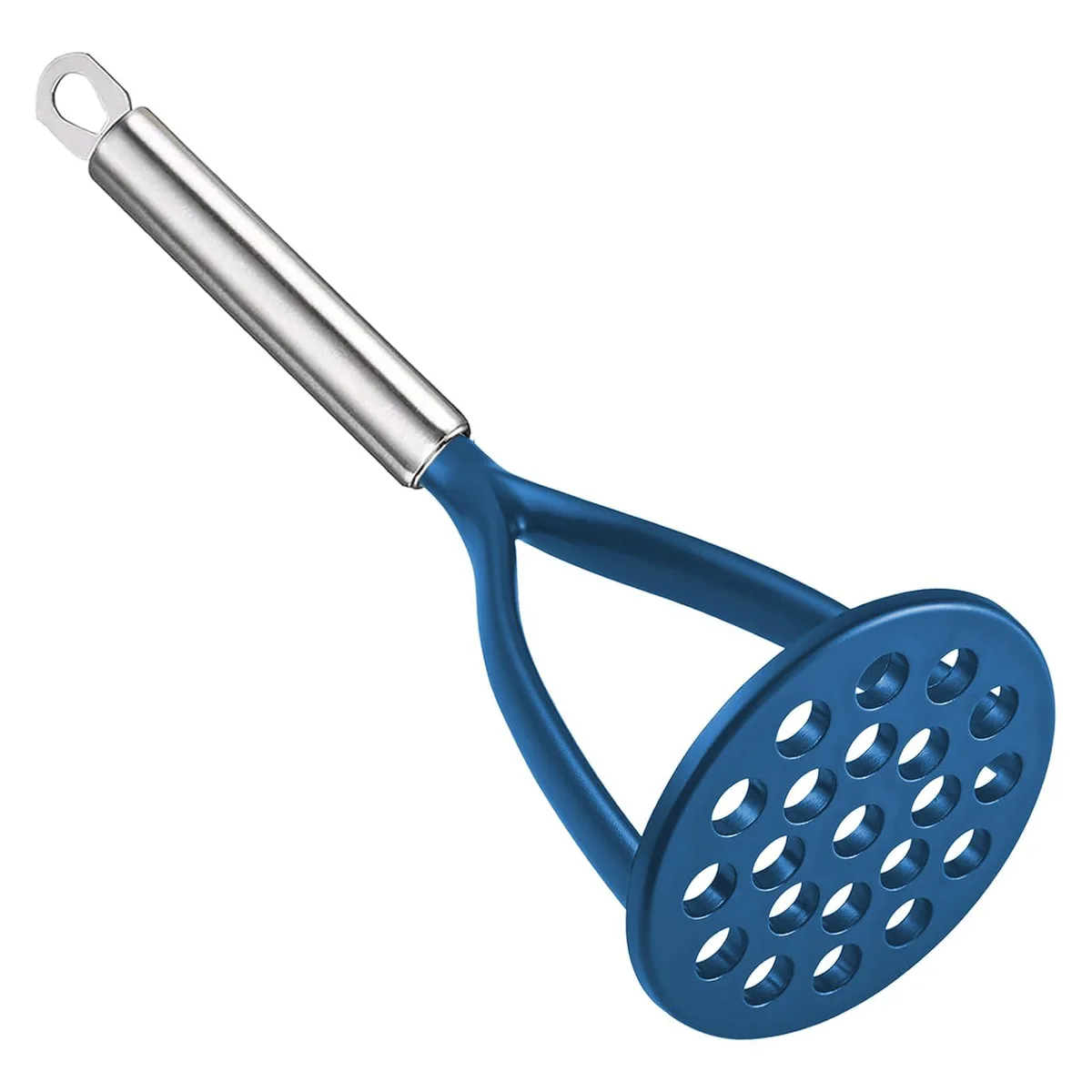 Blue nylon potato masher with long stainless steel handle