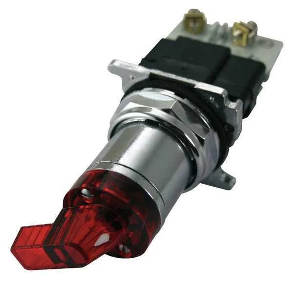 Chrome bezel illuminated selector switch with red lever operator, 30 mm diameter