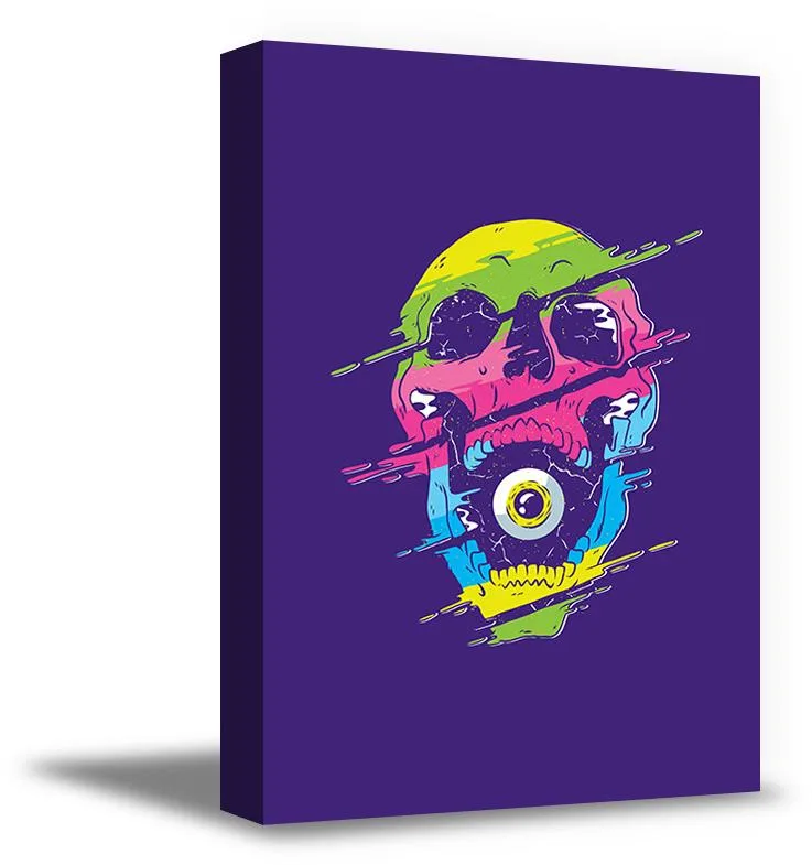 Framed 8 by 12 inch canvas skull art with psychedelic eye design