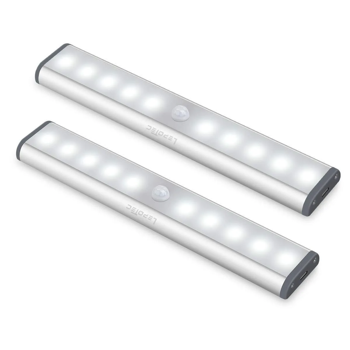 Two white rectangular LED light bars with clear prismatic covers, magnet-mounted on a cabinet interior