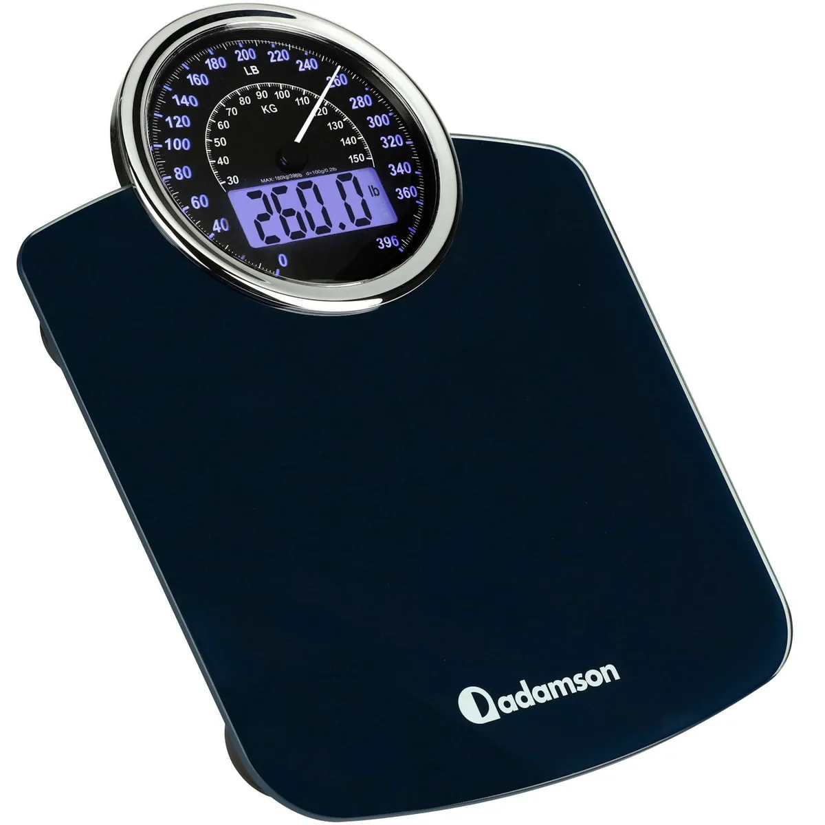 Black rectangular bathroom scale with tempered glass platform and dual analog-digital display