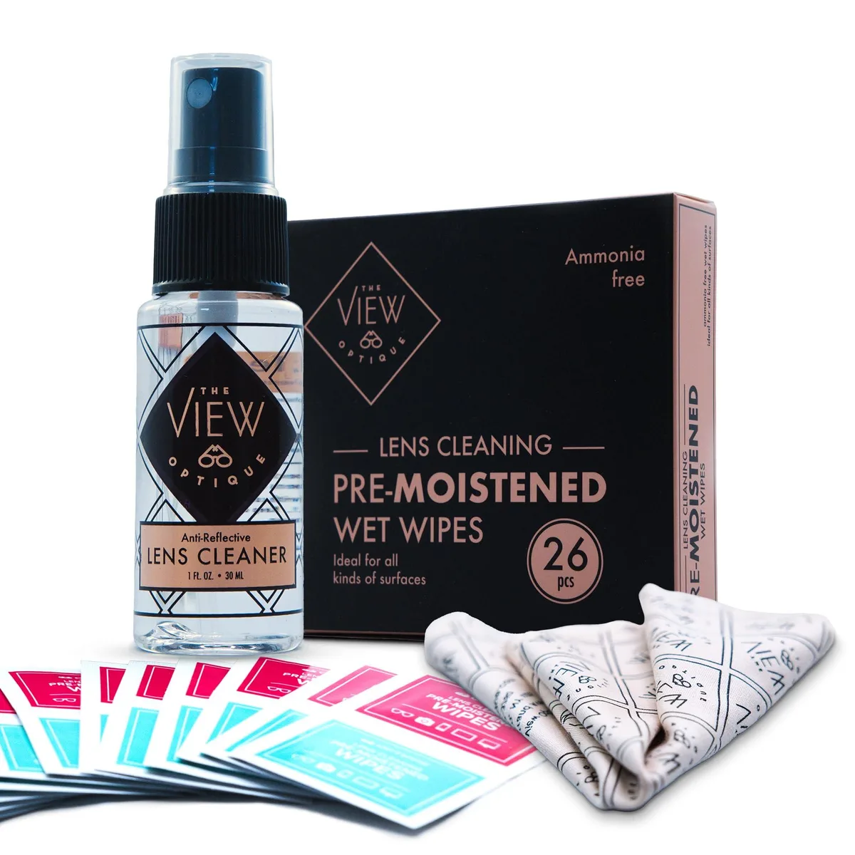 Eyeglass cleaning kit with spray bottle microfiber cloth and wipes